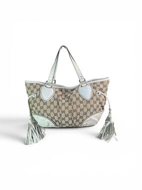 Gucci Beige Monogram Tote with White Accents and Tassels